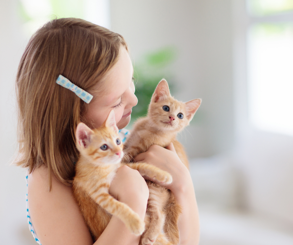 Petite fille tenant dans ses bras deux chatons roux de façon tendre.